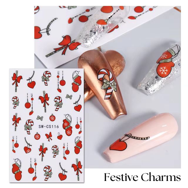 Festive Charms Nail Stickers- Candy Canes, Hearts & Christmas Bows