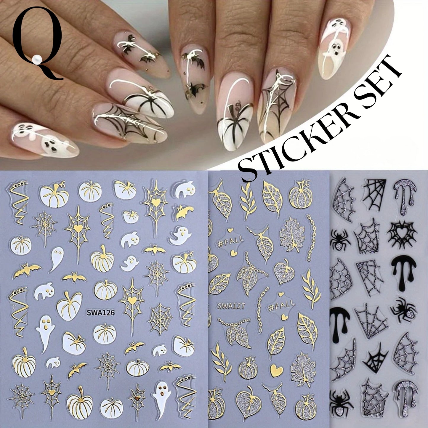 Pearl Queen Halloween Nail Stickers – Ghosts, Pumpkins & Webs | 3D Adhesive Pack of 3 for Spooky Nail Art at Home