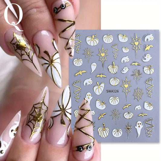 Pearl Queen Halloween Nail Stickers – Ghosts, Pumpkins & Webs | 3D Adhesive Pack of 3 for Spooky Nail Art at Home