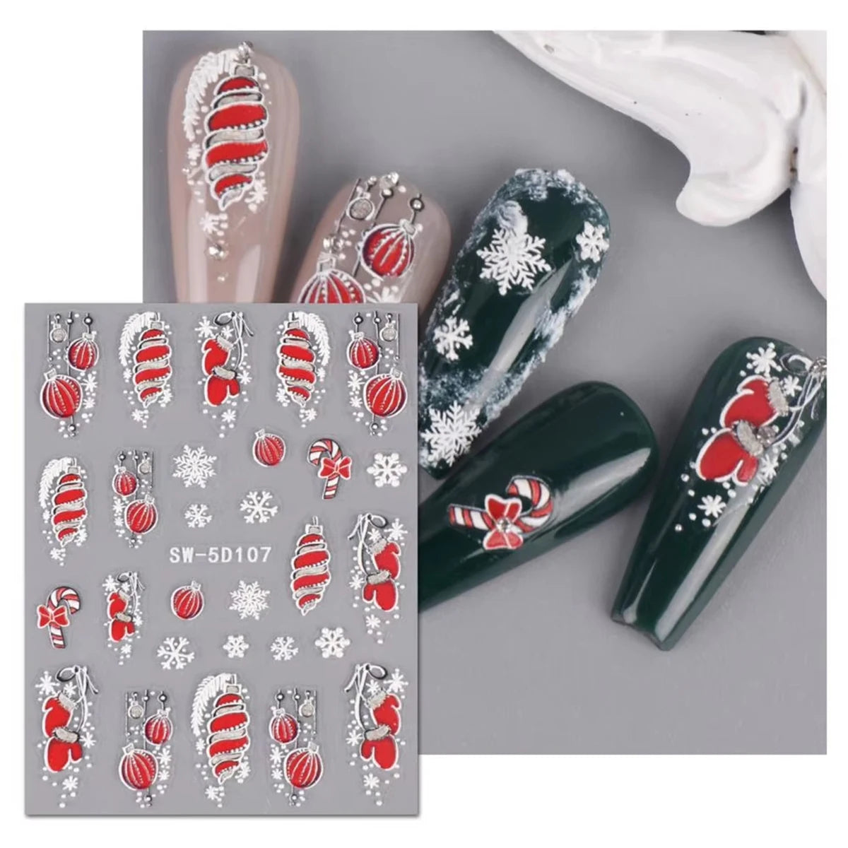 5D Red Christmas Nail Stickers: Glitter & Charm for Your Festive Manicure