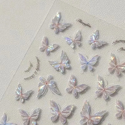 Iridescent butterfly-shaped stickers on a textured surface