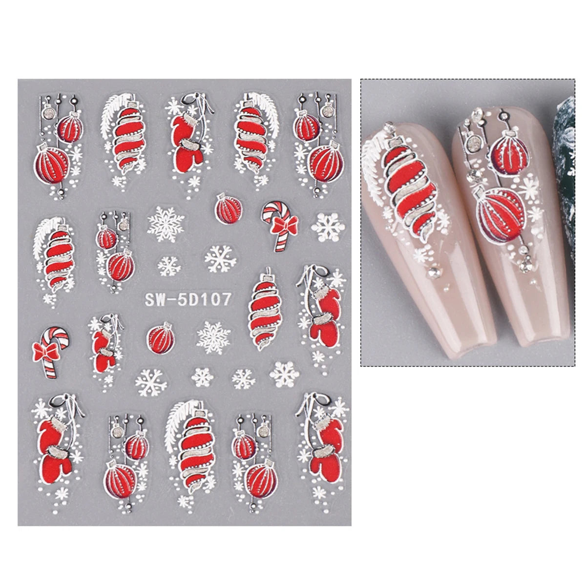 5D Red Christmas Nail Stickers: Glitter & Charm for Your Festive Manicure