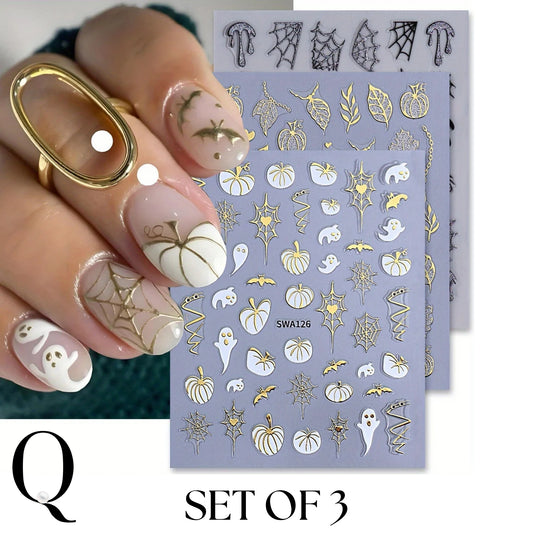 Pearl Queen Halloween Nail Stickers – Ghosts, Pumpkins & Webs | 3D Adhesive Pack of 3 for Spooky Nail Art at Home