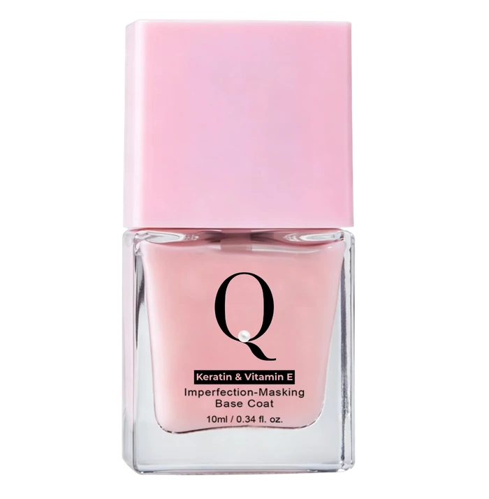 The Pearl Queen Tender Bloom Imperfection-Masking Base Coat with Keratin and Vitamin E: a square glass bottle of sheer pink polish with a pale pink cap, 10ml